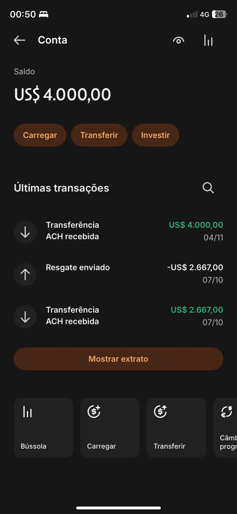 Prova de pagamento em dólar