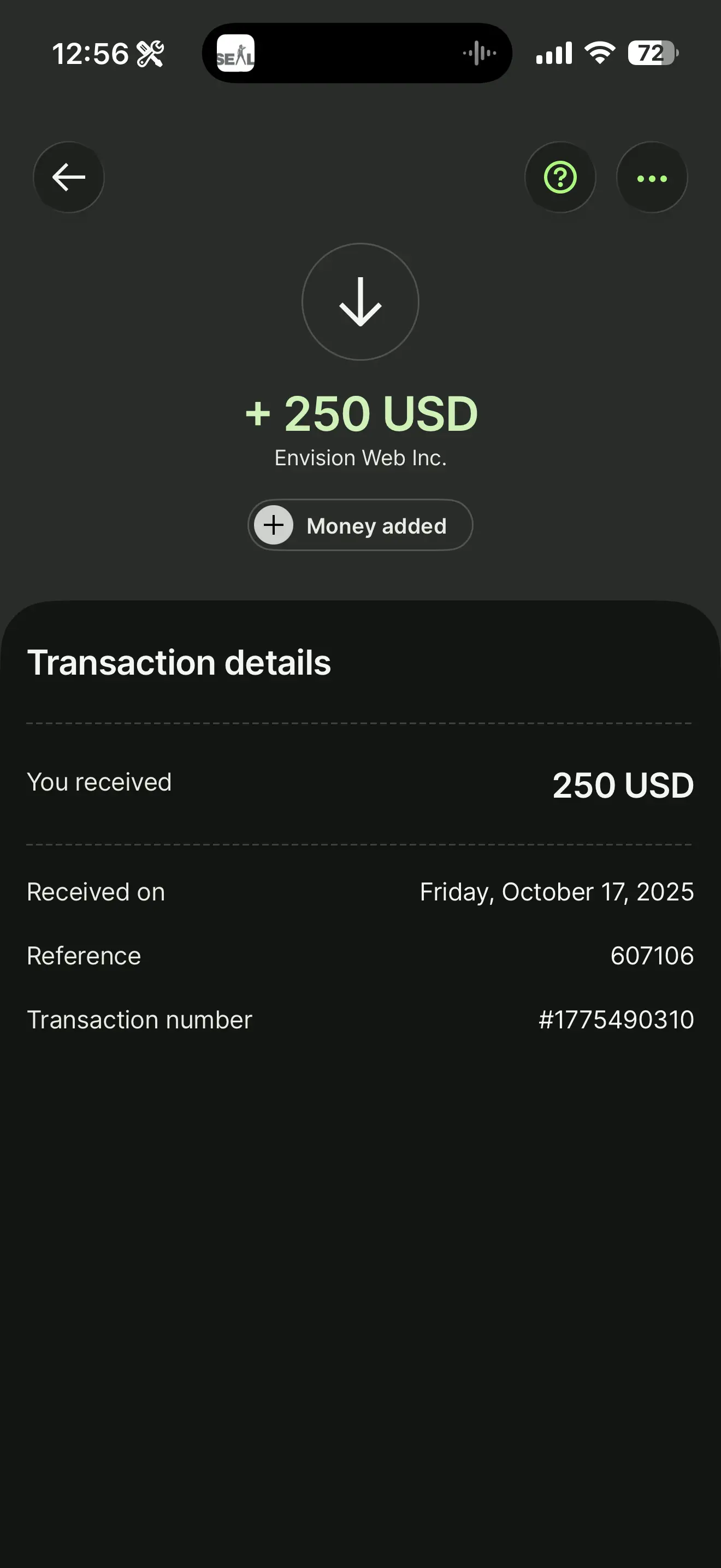 Prova de pagamento em dólar